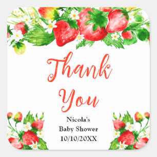 Strawberries and Daisies Baby Shower Thank You Square Sticker