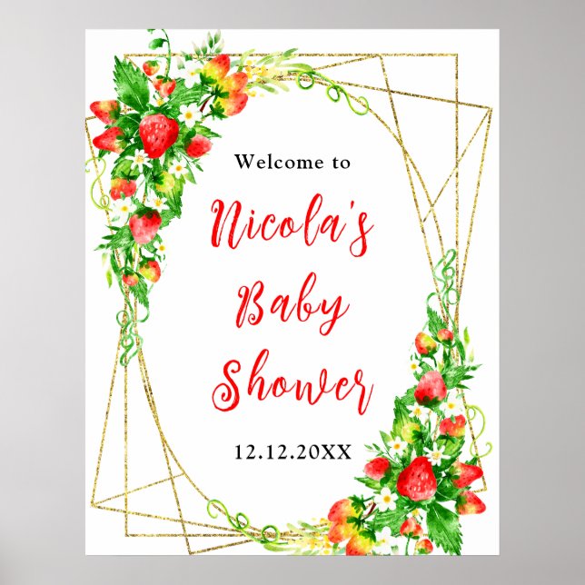 Strawberries and Daisies Baby Shower Welcome Poster (Front)