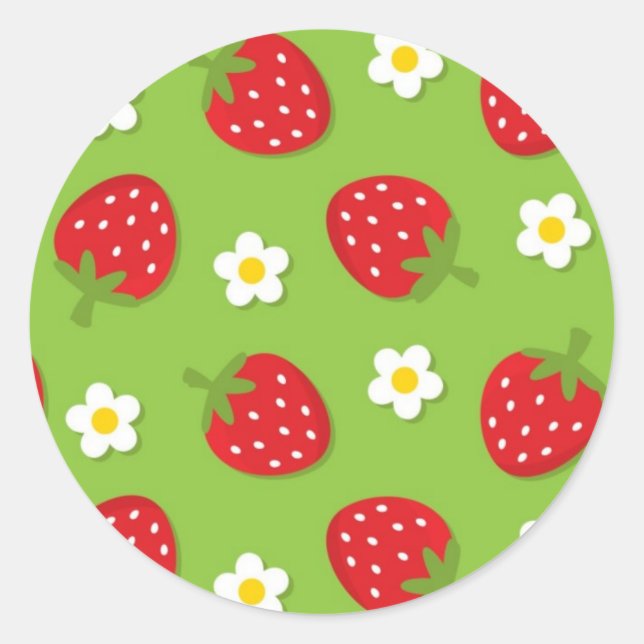 Strawberries and Daisies on Green (2) Classic Round Sticker (Front)