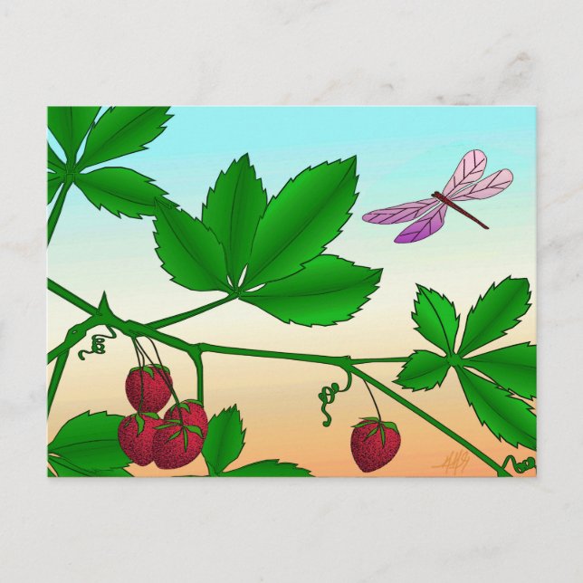 Strawberries and Dragonfly print Postcard (Front)