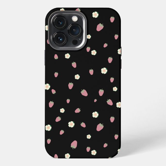 Strawberries and Flowers Black Pattern iPhone Case (Back)