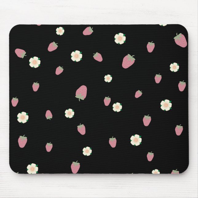 Strawberries and Flowers Black Pattern Mouse Pad (Front)
