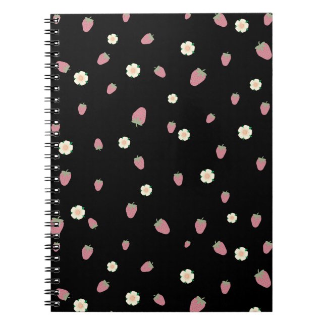 Strawberries and Flowers Black Pattern Notebook (Front)