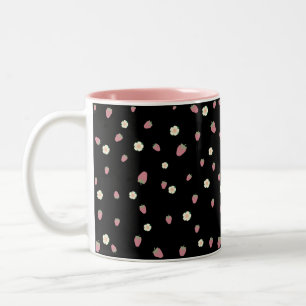 Strawberries and Flowers Black Pattern Two-Tone Coffee Mug