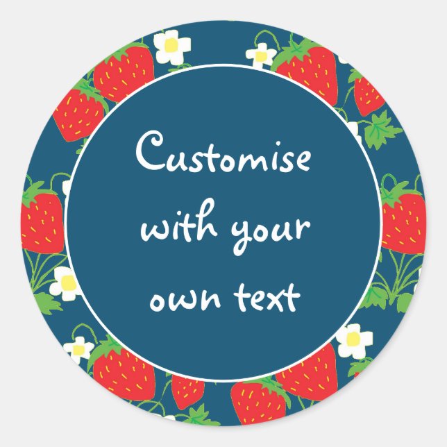 Strawberries and Flowers Blue Custom Text Classic Round Sticker (Front)