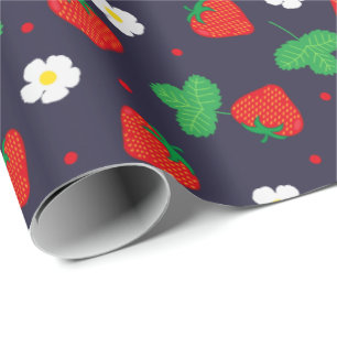 Strawberries and Flowers on Navy Blue Wrapping Paper