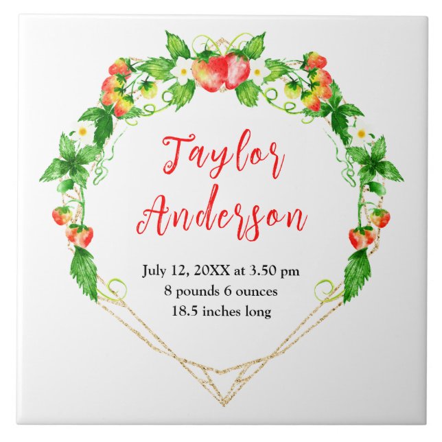 Strawberries and Foliage Baby Birth Stats Ceramic Tile (Front)