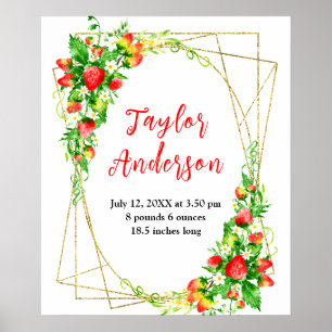 Strawberries and Foliage Baby Birth Stats Poster