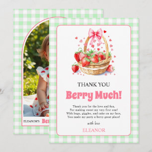Strawberries and gingham Berry First Birtday photo Thank You Card