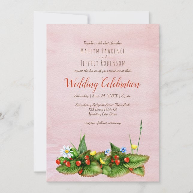 Strawberries and meadow flowers blush wedding invitation (Front)