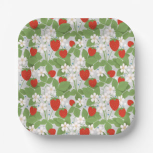 Strawberries and pink and white flowers paper plate