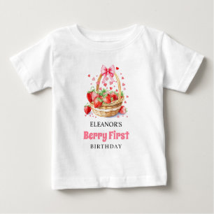 Strawberries and pink bow Berry First Birthday Baby T-Shirt