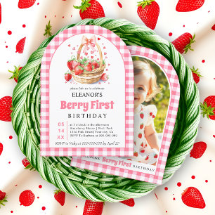 Strawberries and pink bow Berry First Birthday Invitation
