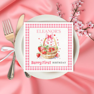 Strawberries and pink bow Berry First Birthday Napkin