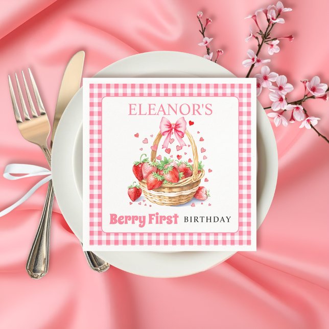 Strawberries and pink bow Berry First Birthday Napkin (Creator Uploaded)