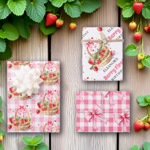 Strawberries and pink bow Berry First Birthday Wrapping Paper Sheet