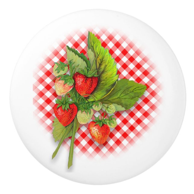 Strawberries and Red Gingham Ceramic Knob (Front)