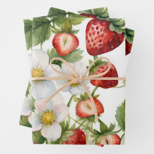 Strawberries and Strawberry Flowers Wrapping Paper Sheet