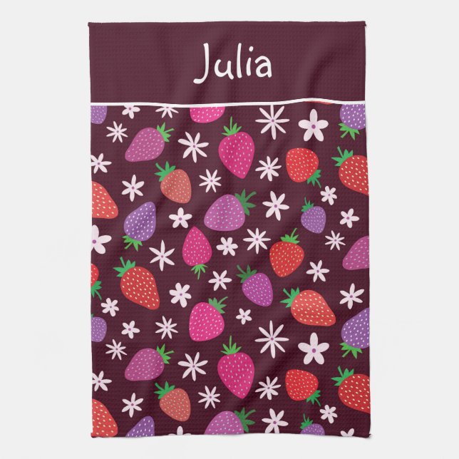 Strawberries and White Flowers Pattern Custom  Tea Towel (Vertical)