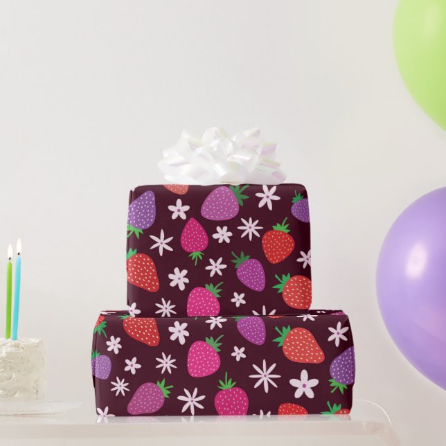 Strawberries and White Flowers Pattern  Wrapping Paper (Party Gifts)