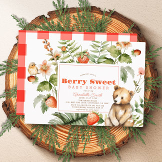 Strawberries & Bear Berry Sweet Girl Baby Shower Invitation