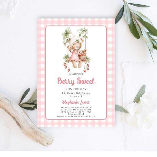 Strawberries Berry Sweet Bear Baby Shower Girl Invitation (Creator Uploaded)