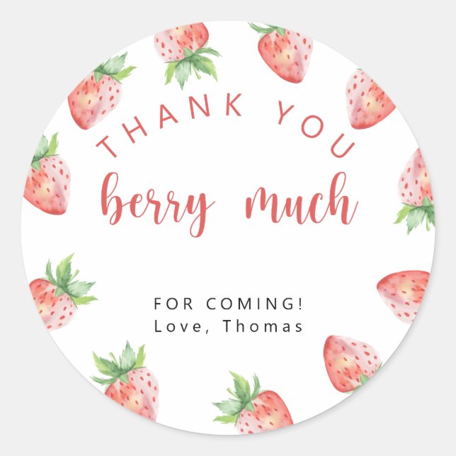 Strawberries birthday party thank you berry much classic round sticker (Front)