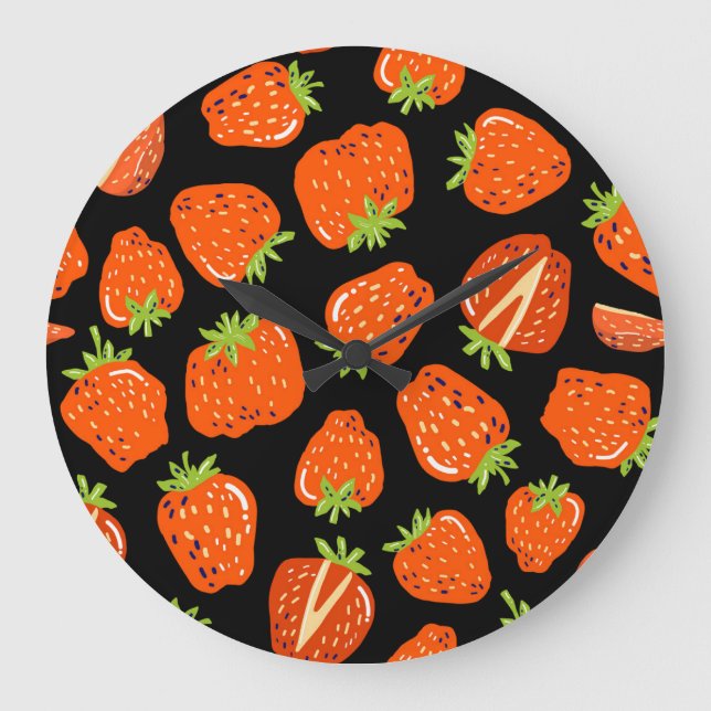 Strawberries Black: Vintage Seamless Texture Large Clock (Front)