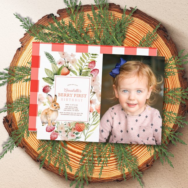 Strawberries Bunny Berry First 1st Birthday Photo Invitation (Creator Uploaded)