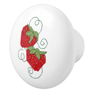 Strawberries Cross Stitch Ceramic Knob