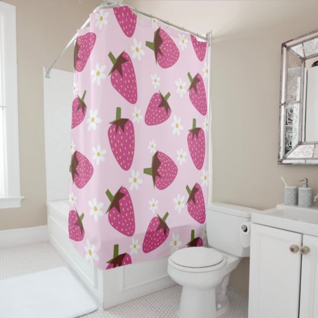 Strawberries Daisies Floral Pattern Girly Pink Shower Curtain (Creator Uploaded)