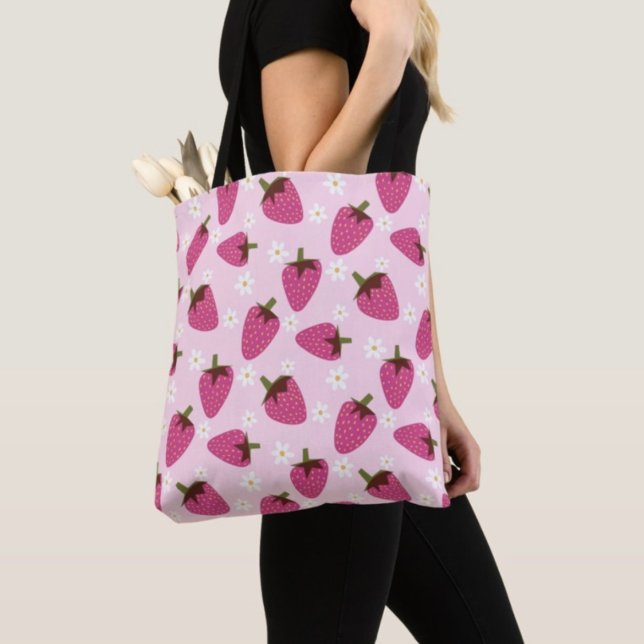 Strawberries Daisies Floral Pattern Girly Pink Tote Bag (Creator Uploaded)