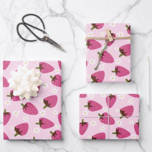 Strawberries Daisies Floral Pattern Girly Pink Wrapping Paper Sheet