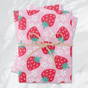 Strawberries Daisies Pattern Pink Red Wrapping Paper Sheet