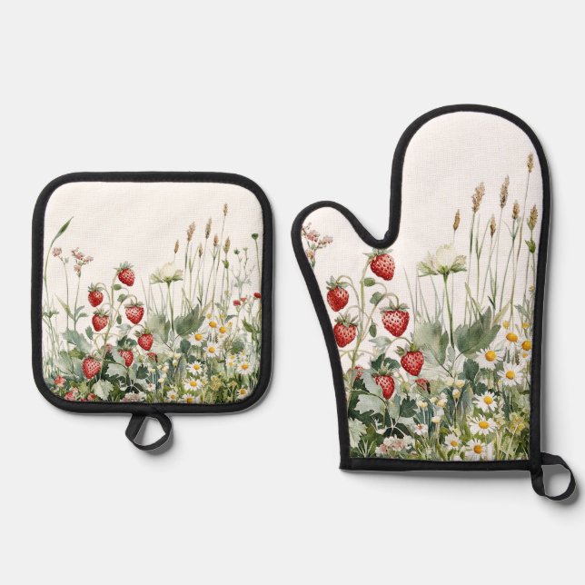 Strawberries Daisy Flowers Oven Mitt & Pot Holder Set (Front)