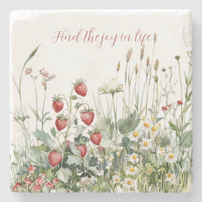 Strawberries Daisy Flowers Stone Coaster (Front)