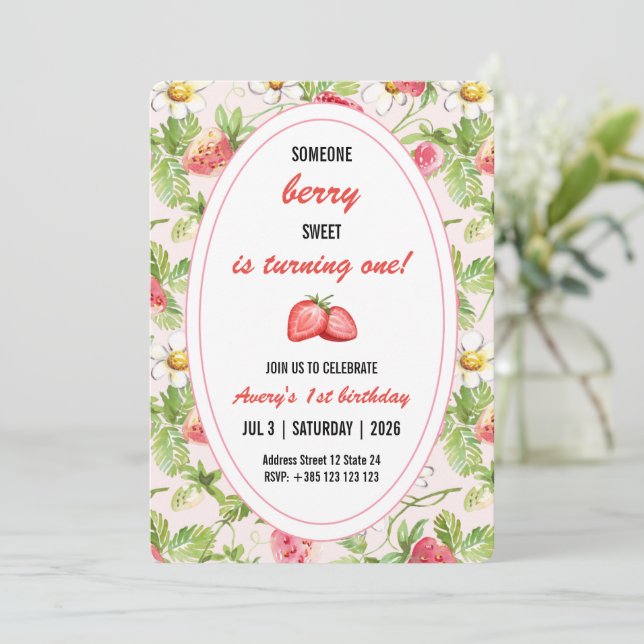 Strawberries Elegant Birthday party Invitation  (Standing Front)