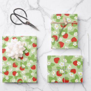 Strawberries Floral Red Green Pattern Wrapping Paper Sheet