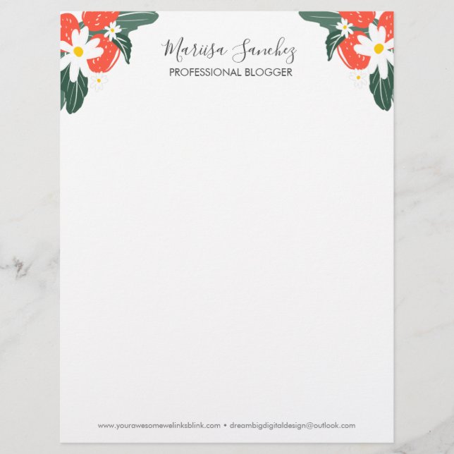 Strawberries Floral Script Name Modern Letterhead (Front)