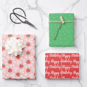 Strawberries & Flowers Cute Patterns Wrapping Paper Sheet