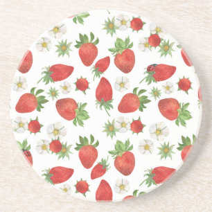 Strawberries Flowers: Watercolor Seamless Art Coaster