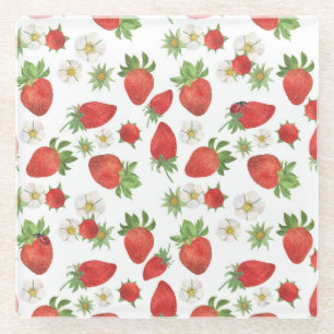 Strawberries Flowers: Watercolor Seamless Art Glass Coaster