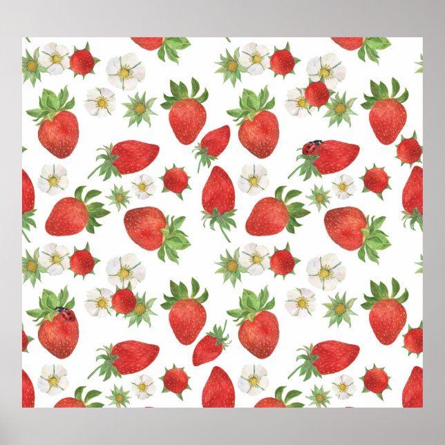 Strawberries Flowers: Watercolor Seamless Art Poster (Front)