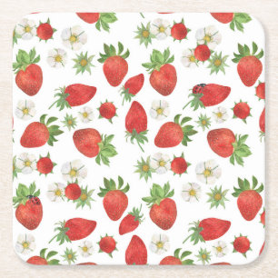 Strawberries Flowers: Watercolor Seamless Art Square Paper Coaster