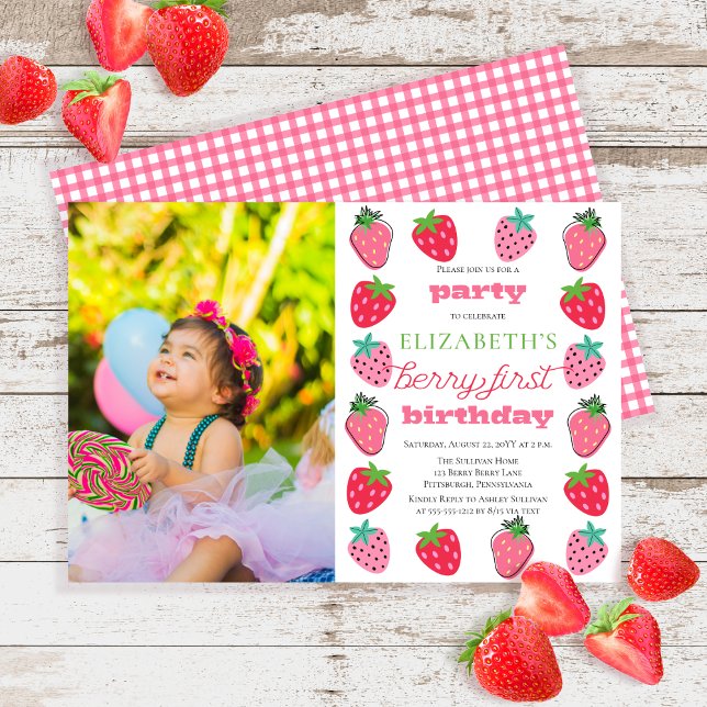 Strawberries Girl Photo Berry First Birthday Party Invitation (Strawberries Girl's Berry First Birthday Party Photo Invitation)