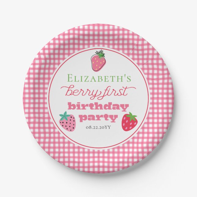 Strawberries Girl's Berry First Birthday Party Paper Plate (Front)