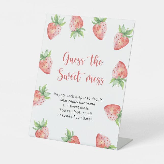 Strawberries - guess the sweet mess game pedestal sign (Front)