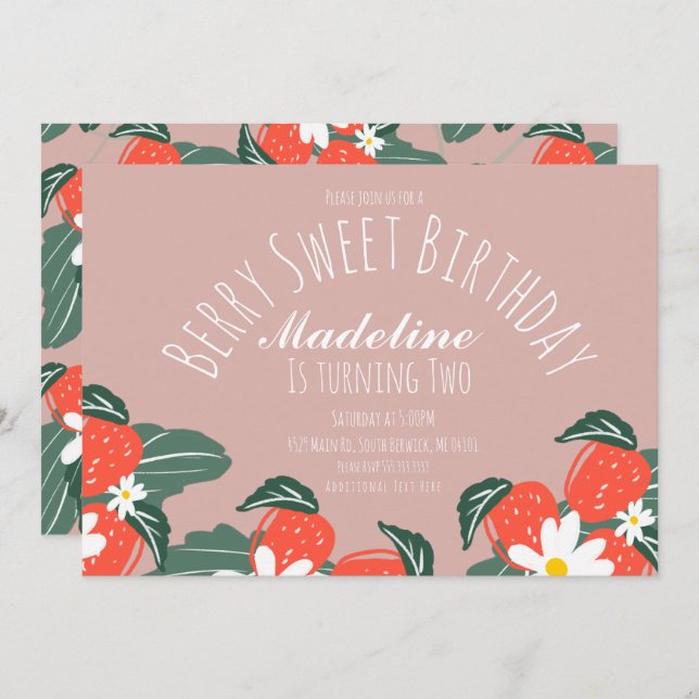 Strawberries Hand Drawn Botanical Birthday Invitation (Front/Back)