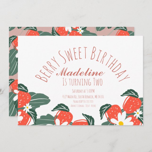 Strawberries Hand Drawn Botanical Birthday Pink Invitation (Front/Back)