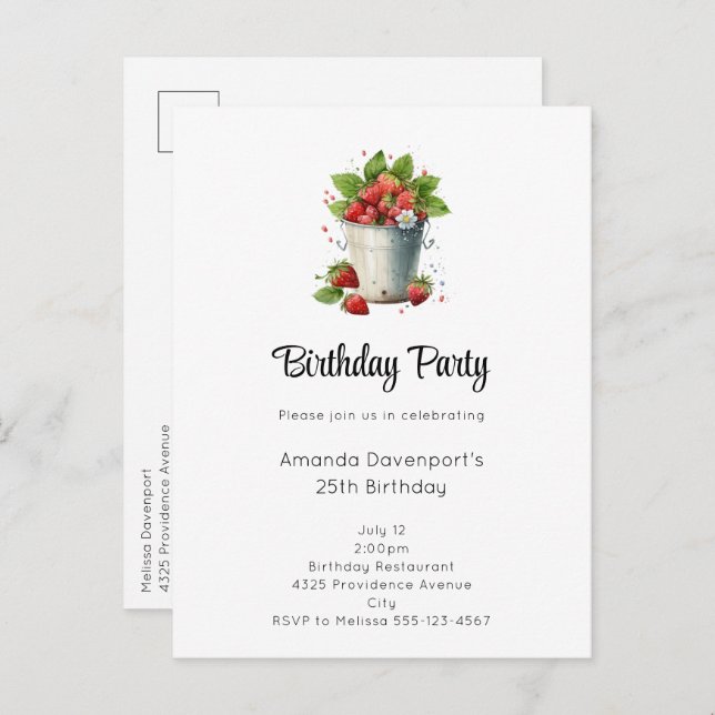 Strawberries in a Bucket Birthday Invitation Postcard (Front/Back)